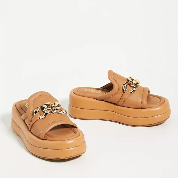 Alba Moda Anthropologie Brown Leather Hardware Chain Slide Sandals Sz 38 - Picture 1 of 5